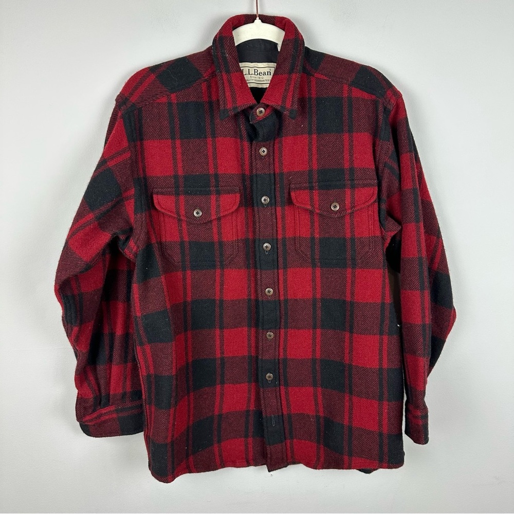 Vintage LL Bean Shirt Jacket Men's Buffalo Plaid Wool Blend Red Black Size M